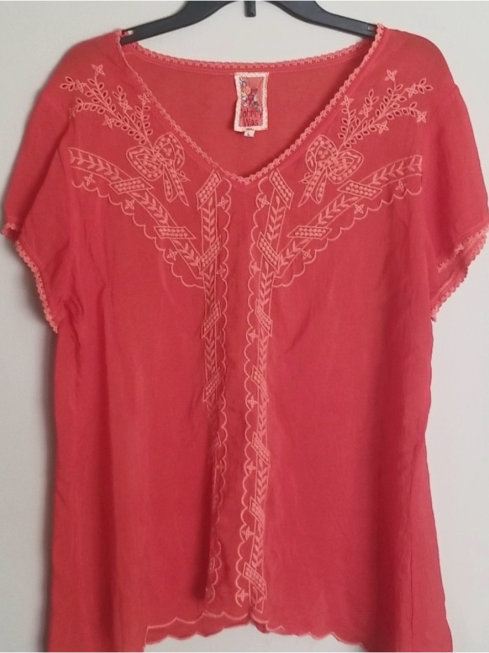 Johnny Was Coral Embroidered V-Neck Tunic Top